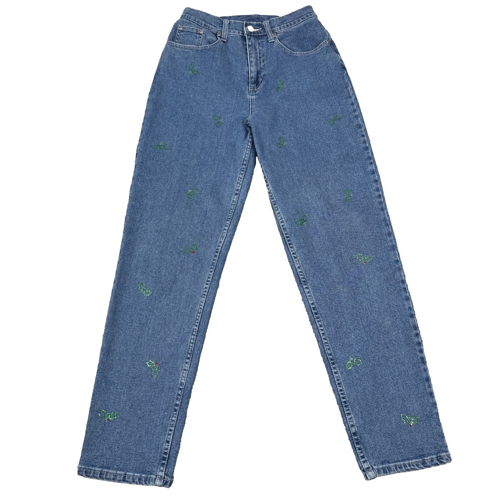 Quacker Factory Jeans Women 6 Vintage 90s Y2K Christmas Holly Rhinestone Denim